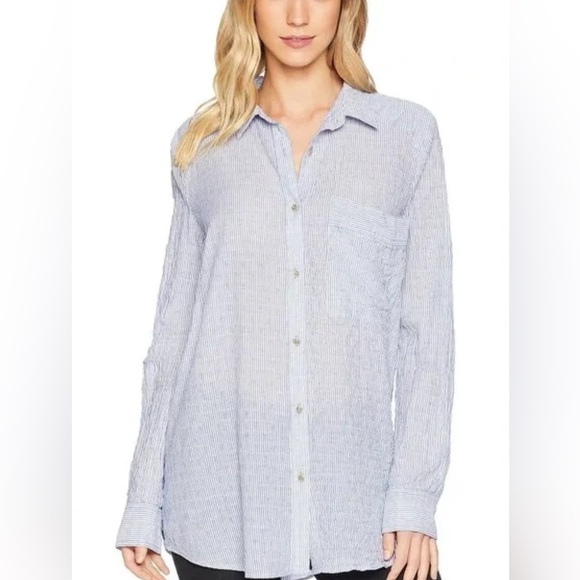 Free People striped no limit blue and white button down top size Medium - Picture 1 of 4